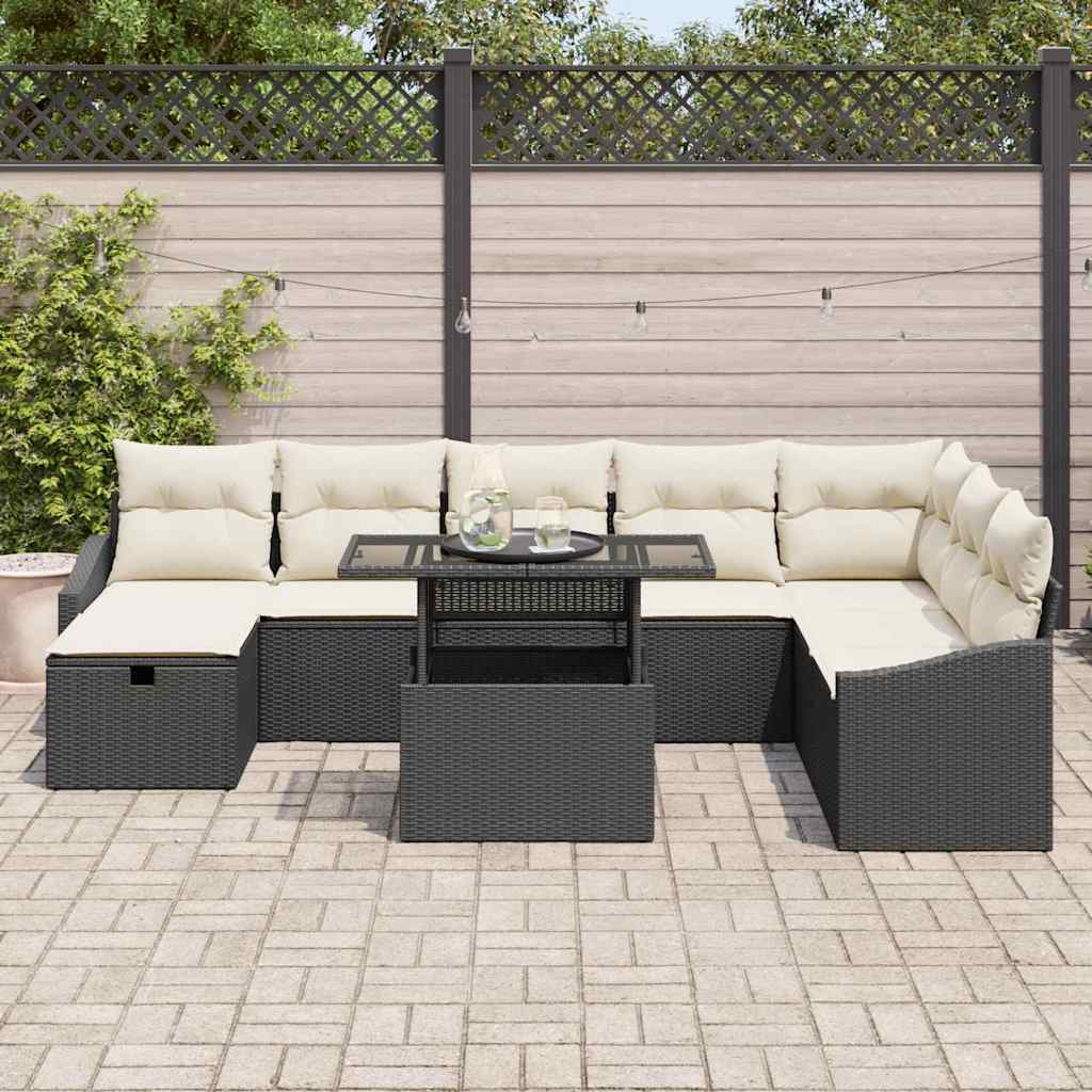 Garten-Sofa-Set mit Kissen 9 pcs Schwarz Poly Rattan